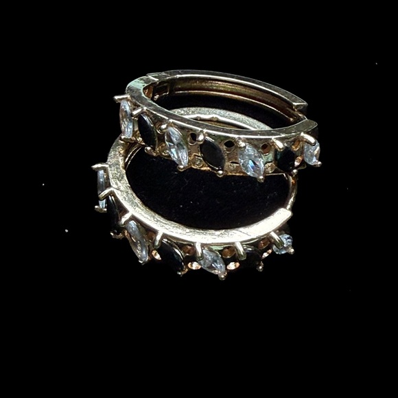 Elegant Gold with Black Onyx and Cubic Zirconia Hoop Earrings - Picture 1 of 3